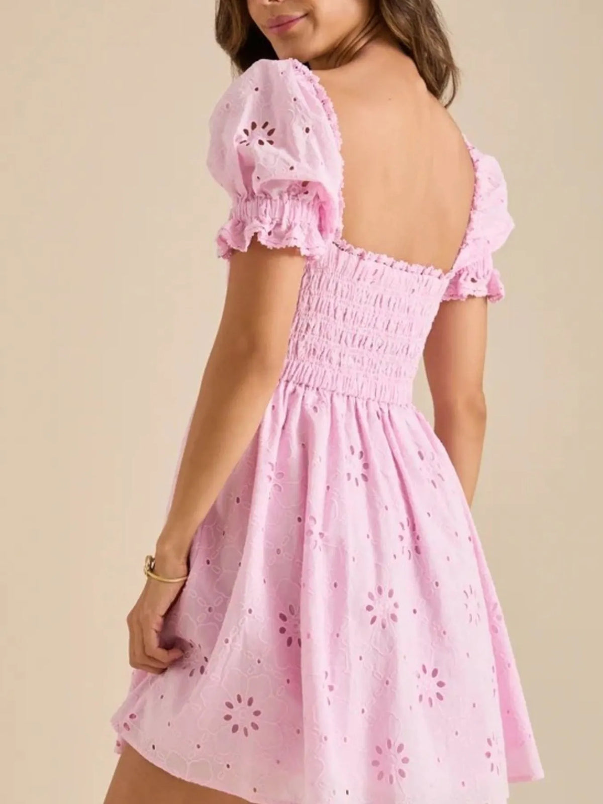 Eyelet Puff Sleeve Smocked Mini Dress