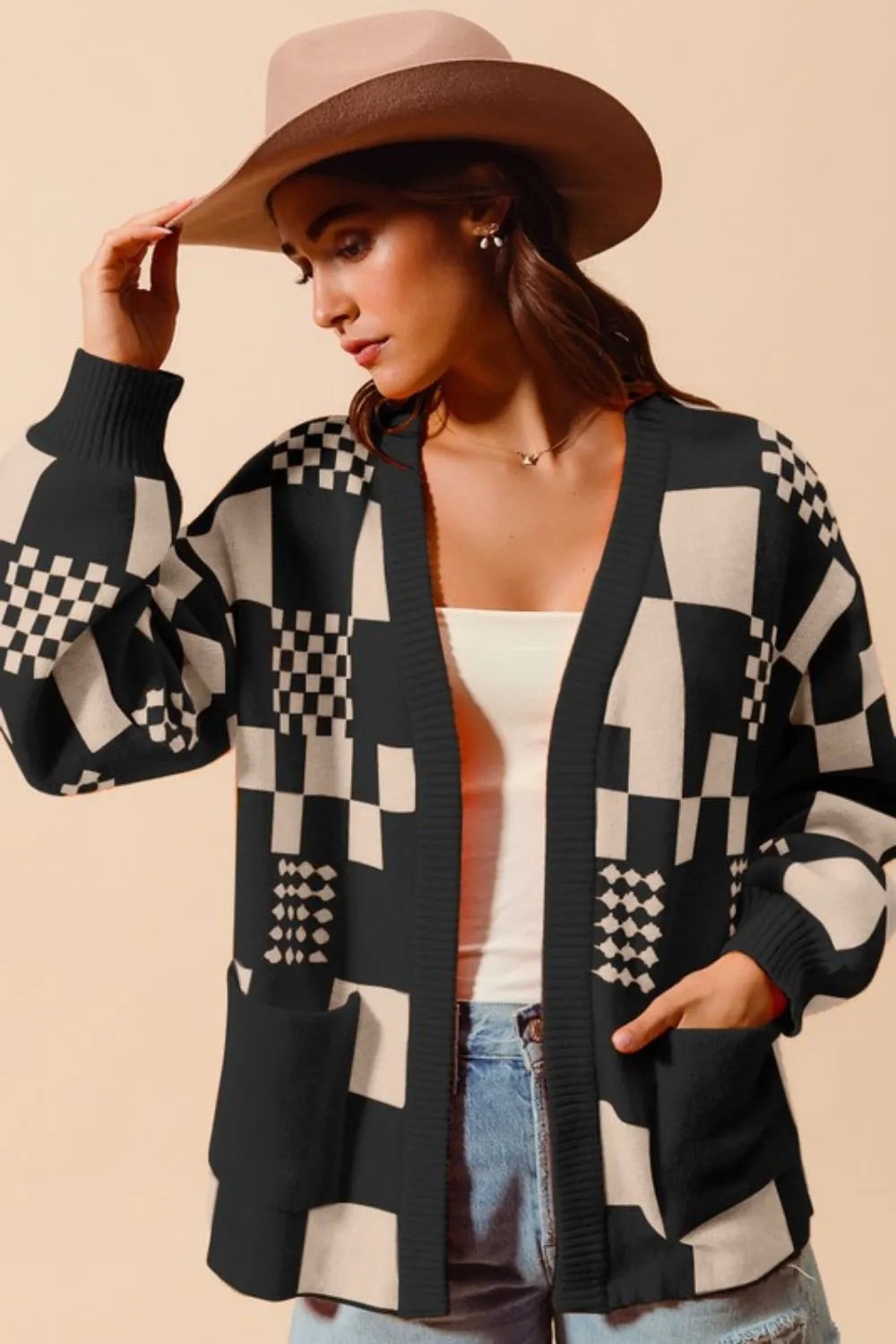 SO ME Checkered Open Front Cardigan with Pockets