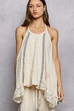 POL Lace Ruffle Halter Neck Double Gauze Top with Crochet Patch