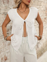 Tied Front Openwork V-Neck Knit Top