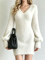 V-Neck Fuzzy Knit Sweater Dress