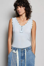 POL Studded Trim Button-Front Ruffle Detail Tank