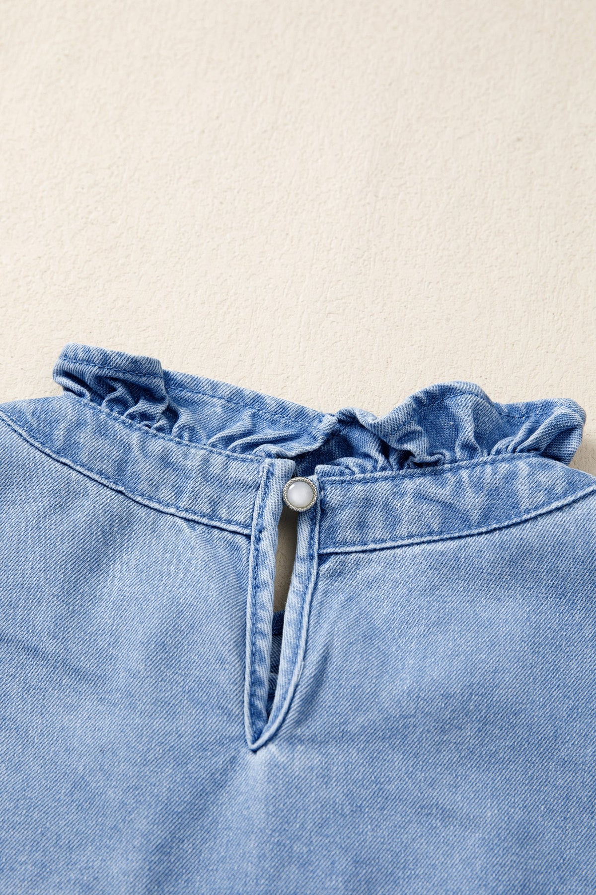 Frilled Collar Flutter Sleeve Denim Top