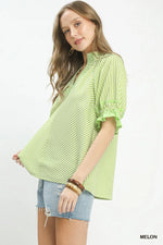 Umgee Stripe Ruffle Sleeve Split-Neck Blouse