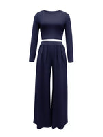 Casual Long Sleeve Crop Top and Wide Leg Pants Set