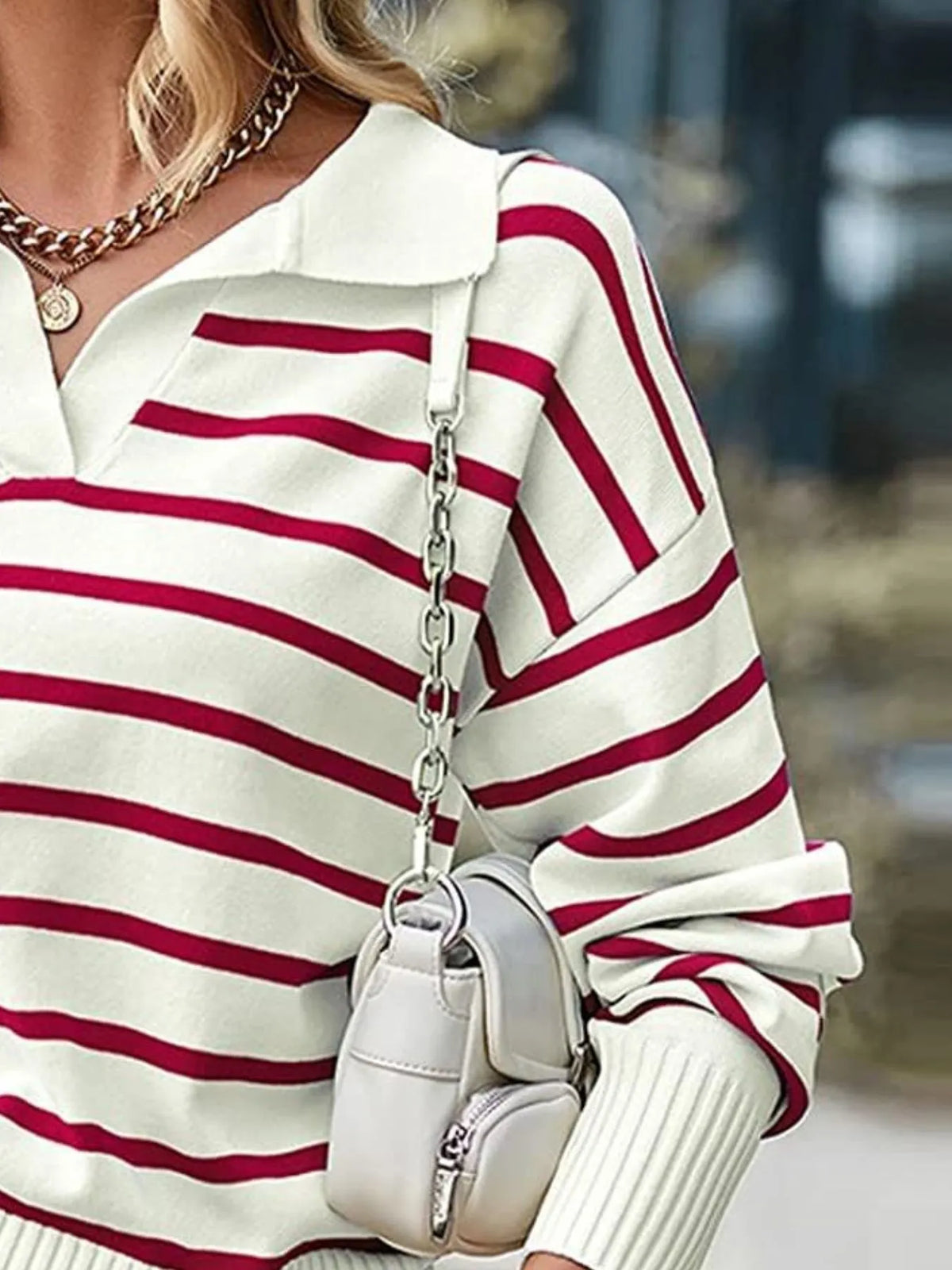 Ribbed Hem Long Sleeve Striped Sweater