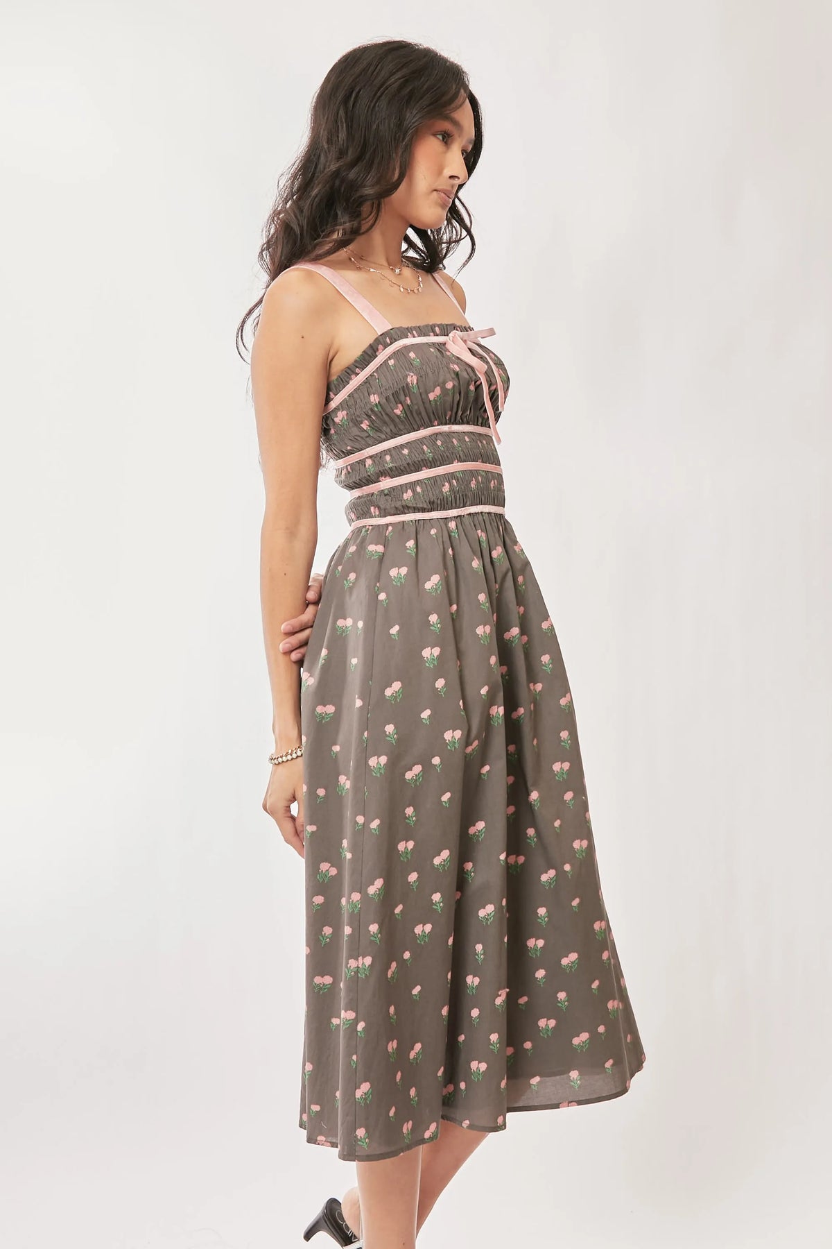 Davi & Dani Contrast Velvet Tape Smocking Bodice Midi Dress