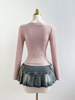 V-Neck Lace Trim Ribbed Knit T-Shirt