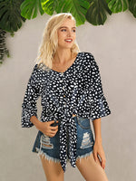Ivy Lane Tied Printed Button Up V-Neck Blouse
