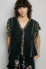 POL V-Neck Floral Ruffle Sleeve Blouse