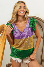 BiBi Mardi Gras Sequin Color Block RuffledTop