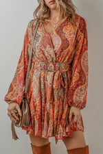Boho Paisley Print Long Sleeve Mini Dress