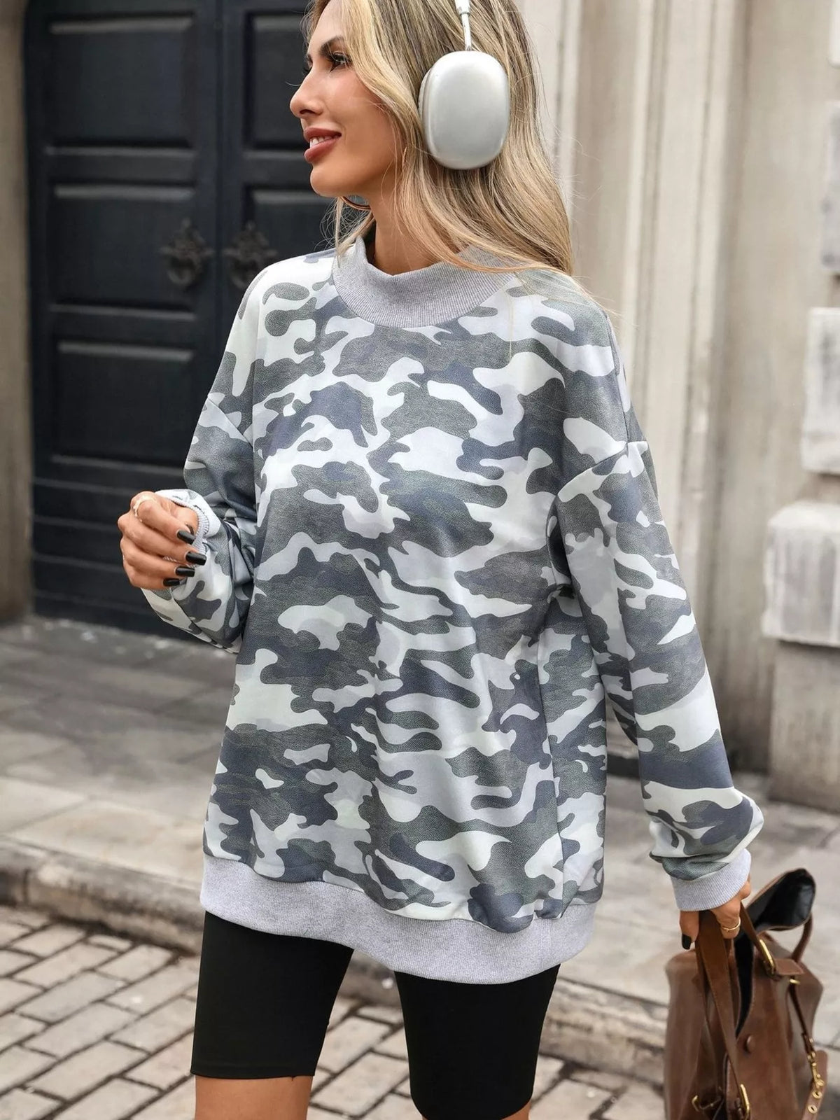 Camouflage Print Mock Neck Sweatshirt