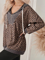 Ribbed Leopard Print Contrast Collar Zip Hoodie