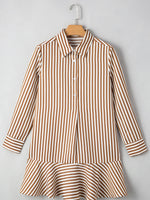 Stripe Ruffled Hem Collared Long Sleeve Shirt Mini Dress