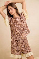 BiBi Leopard and Eyelet Lace Ruffled Top and Shorts Set