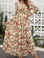 Frill Printed V-Neck Flounce Sleeve Dress