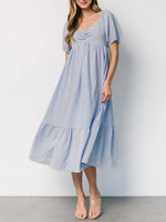 Striped Sweetheart Neck Puff Sleeve Midi Dress
