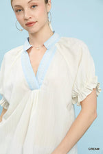 Umgee Textured V-Neck Top with Lace Trim Details
