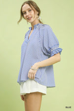 Umgee Stripe Ruffle Sleeve Split-Neck Blouse