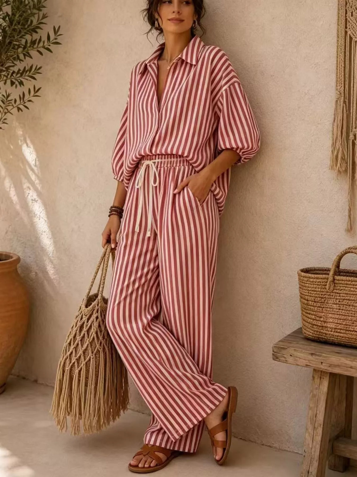 Striped Collared Shirt and Wide-Leg Drawstring Pants Set