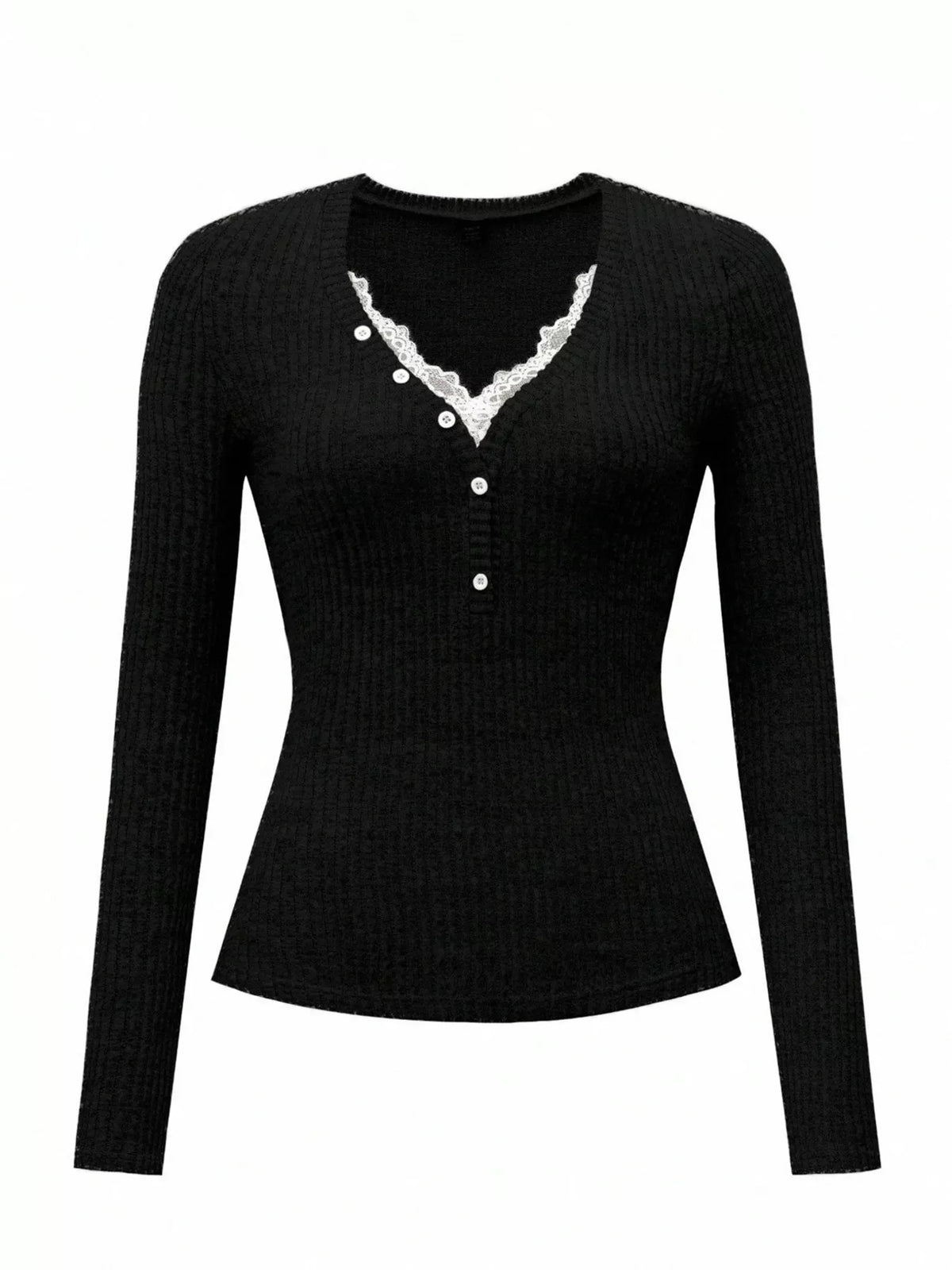 Ribbed Knit Lace Trim T-Shirt