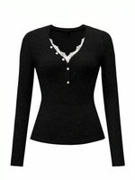 Ribbed Knit Lace Trim T-Shirt