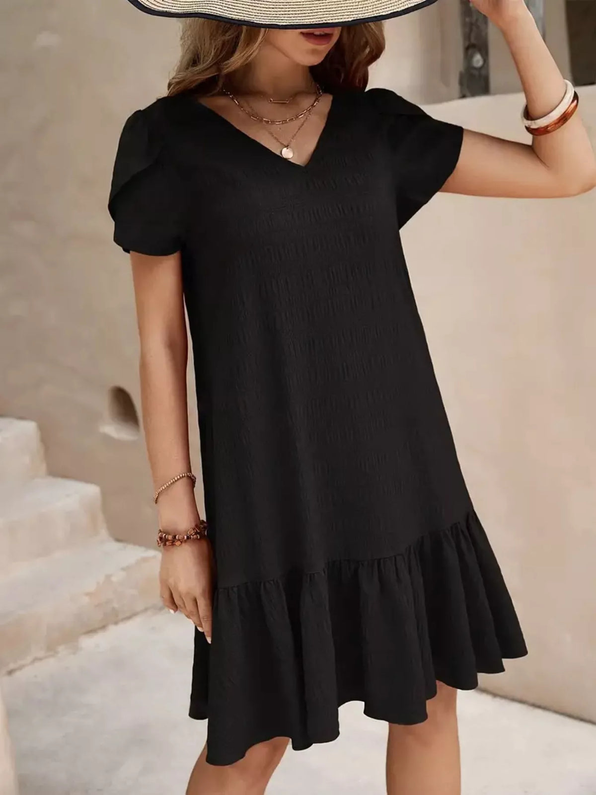 V-Neck Ruffle Hem Textured Mini Dress