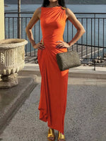 Draped Sleeveless Bodycon Maxi Dress with Metal Decorative
