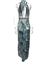 Printed V-Neck Halter Neck Maxi Dress