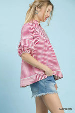 Umgee Striped Puff Sleeve Babydoll Top