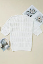 3/4 Sleeve Open Knit Mesh Detail Pullover Sweater