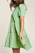 Stripe V Neck Short Sleeve Frilled Detail Dress