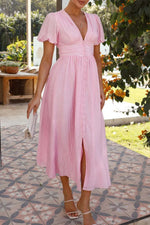 V-Neck Puff Short Sleeve Midi Dress