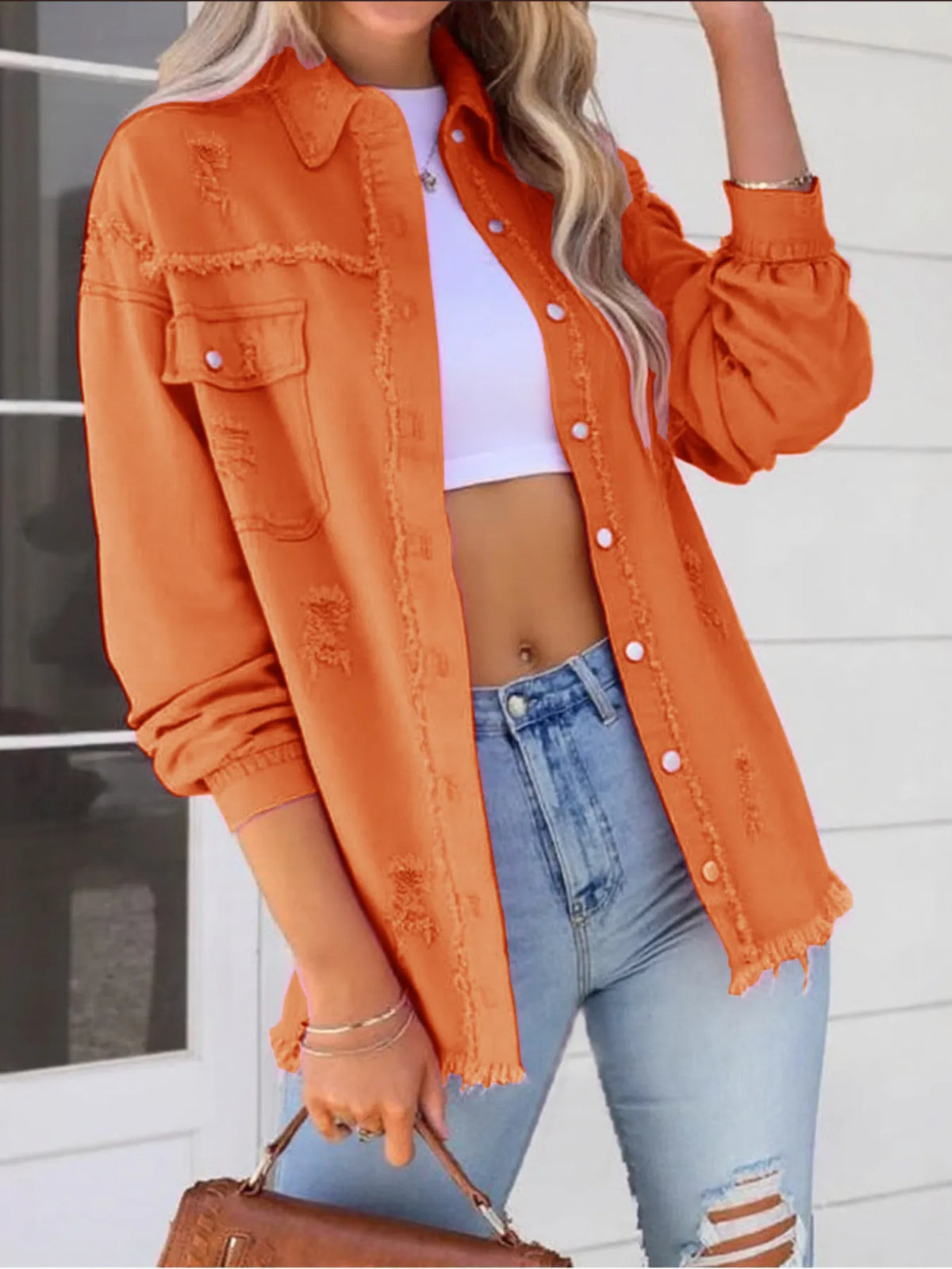 Distressed Denim Jacket with Frayed Edges