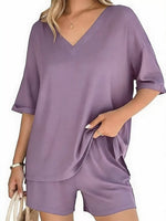Solid Color V-Neck and Shorts Set