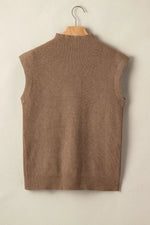 Solid Color Ribbed Knit Mock Neck Loose Sweater Vest