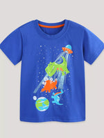 Children's Dinosaur & UFO Graphic Crew Neck Short Sleeve T-Shirt