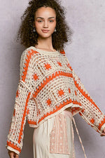POL Boat Neck Long Sleeve Crochet Top with Granny Square Weaving