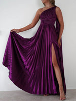 One-Shoulder Pleated Slit Maxi Dress