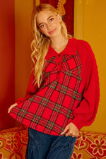 BiBi Plaid Buttoned Collared Top with Sweater Sleeve