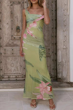 Floral Print One-Shoulder Ruched Maxi Dress