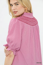 Umgee Textured Henley Blouse with Ruffle Cuffs