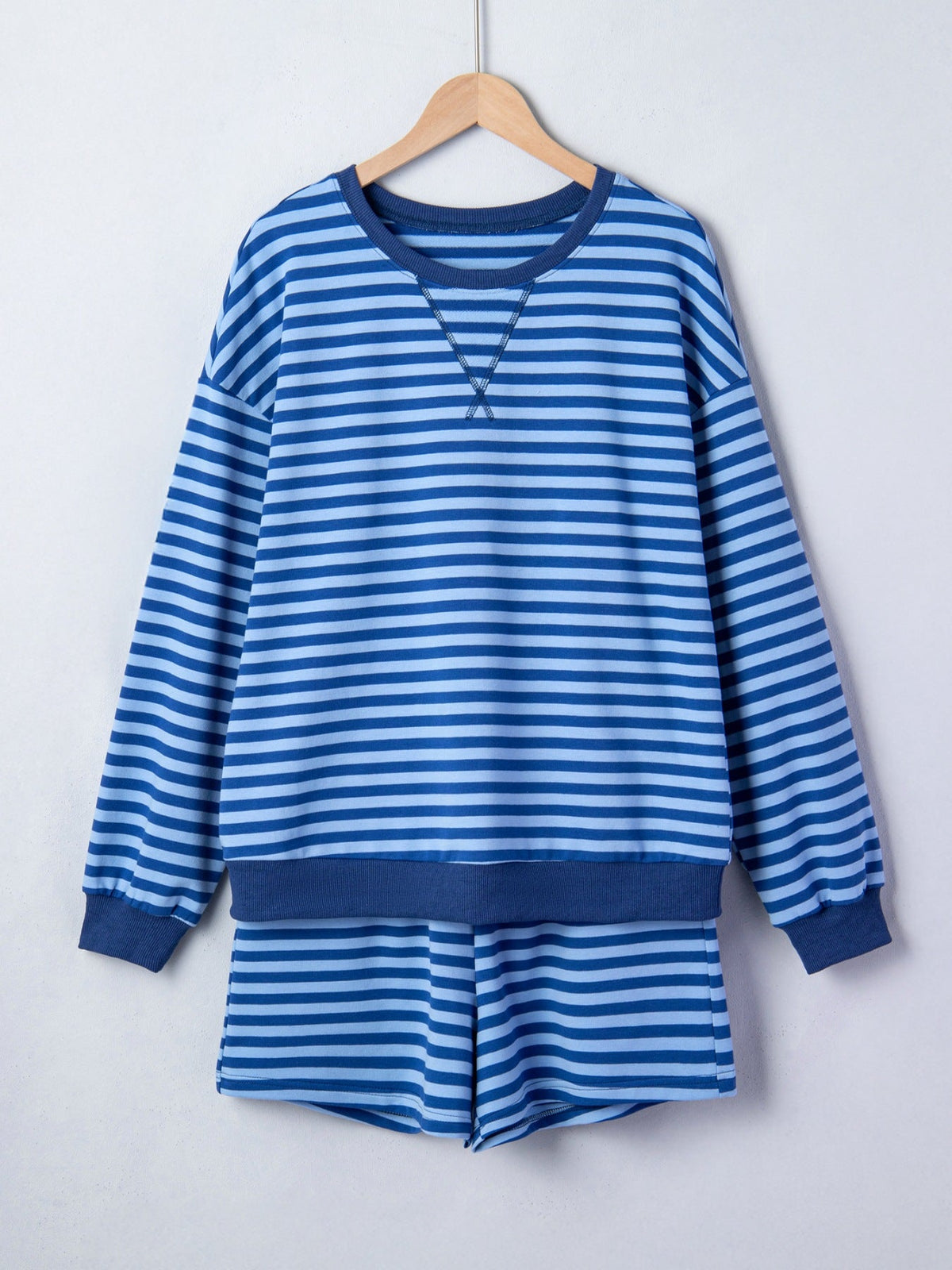 Stripe Drop Shoulder Long Sleeve Pullover Elastic Waist Casual Short Set