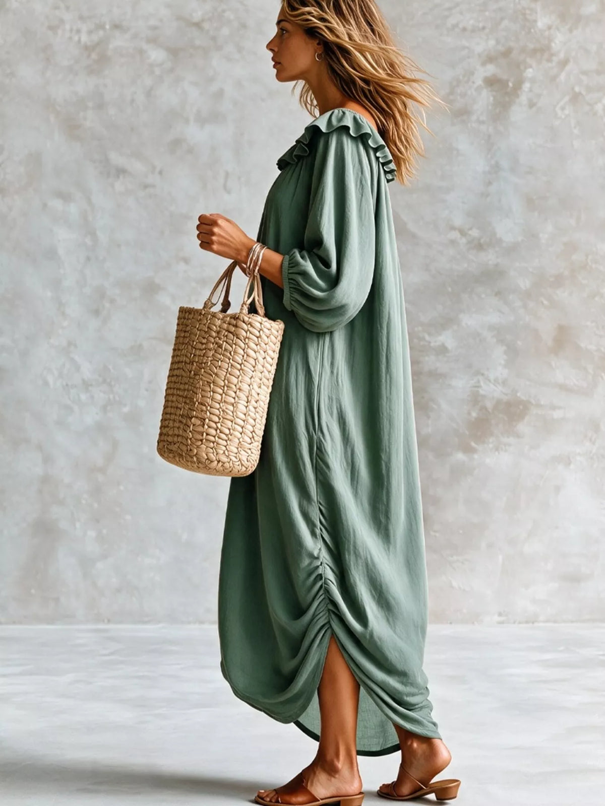 Ruffled Boat Neck Ruched Midi Dress