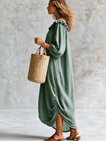Ruffled Boat Neck Ruched Midi Dress
