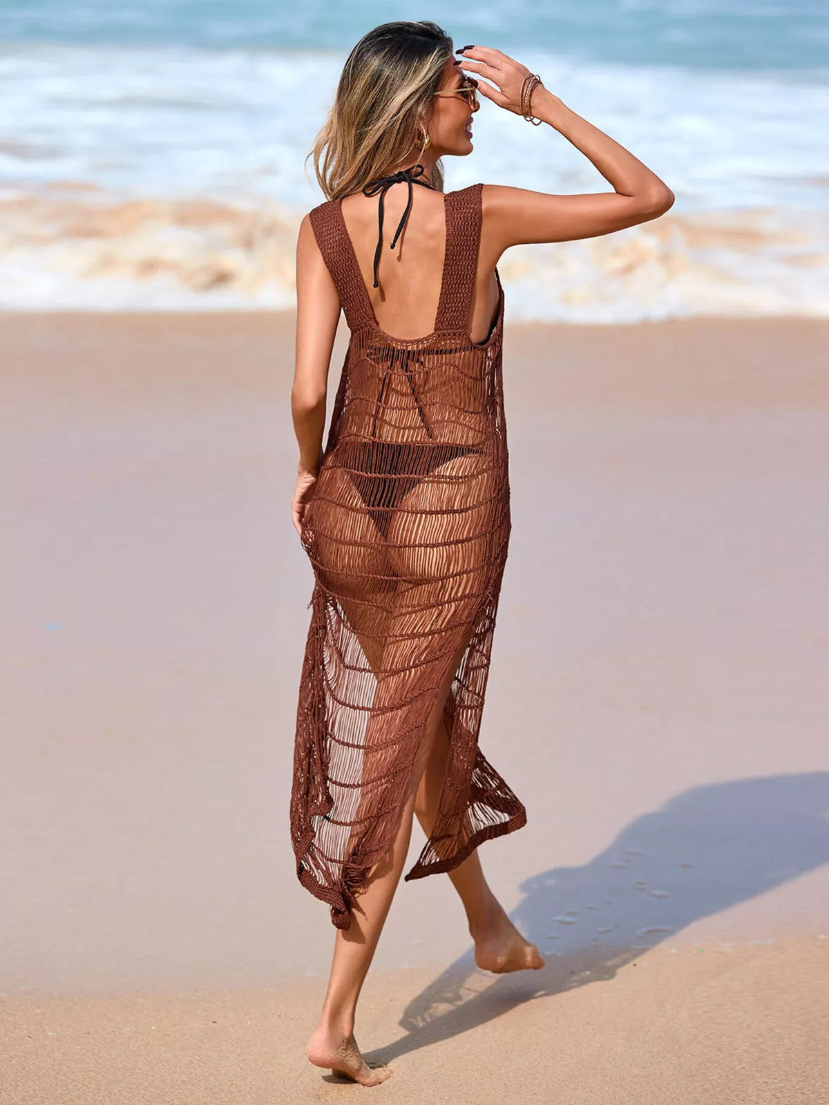 Sleeveless Crochet Knit Slit Cover-Up Dress