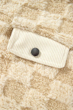 Plush Checkered Corduroy Trim Metal Button Long Sleeve Shift Silhouette Shacket