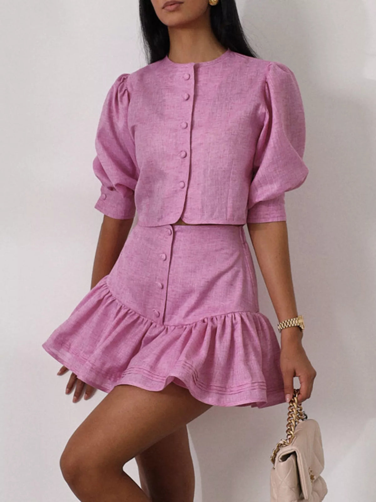 Puff Sleeve Cropped Top and Ruffled Skirt Set