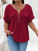 Plus Size Ribbed Half Zip Relaxed Fit T-Shirt